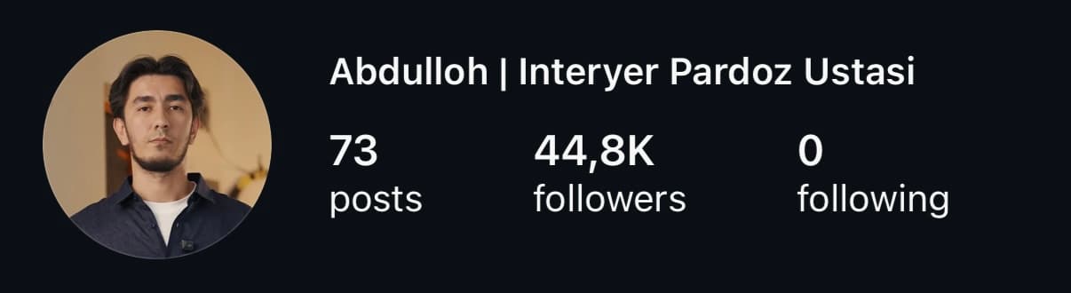 Abdulloh: 44,8 ming obunachi. Profil skrinshoti.