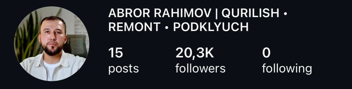 Abror Rahimov: 20,3 ming obunachi. Profil skrinshoti.