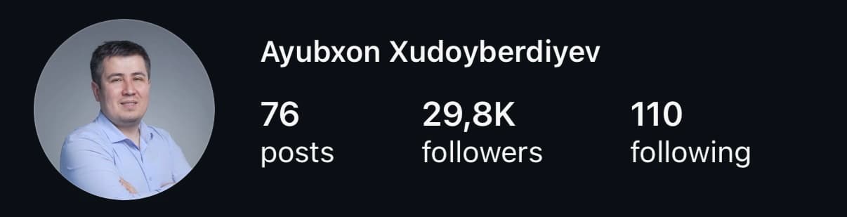 Ayubxon Xudoyberdiyev: 29,8 ming obunachi. Profil skrinshoti.