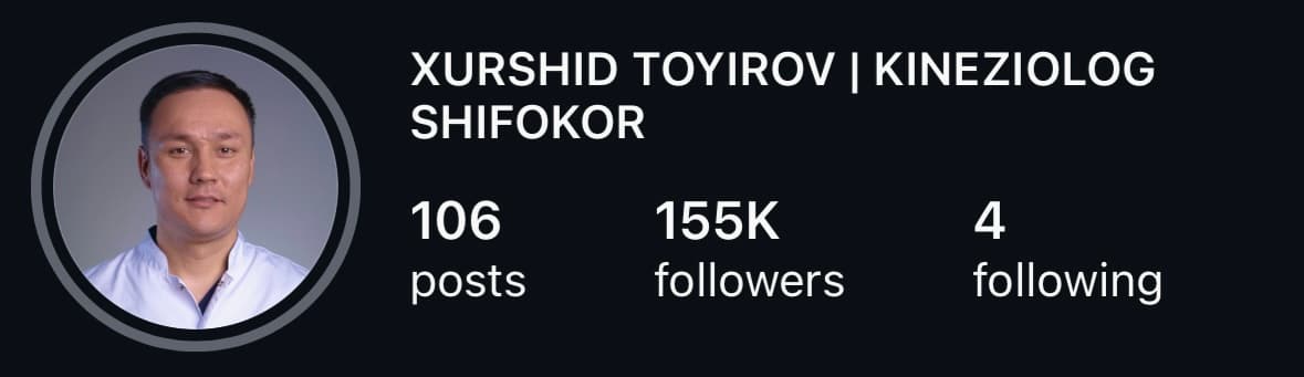 Xurshid Toyirov: 155 ming obunachi. Profil skrinshoti.